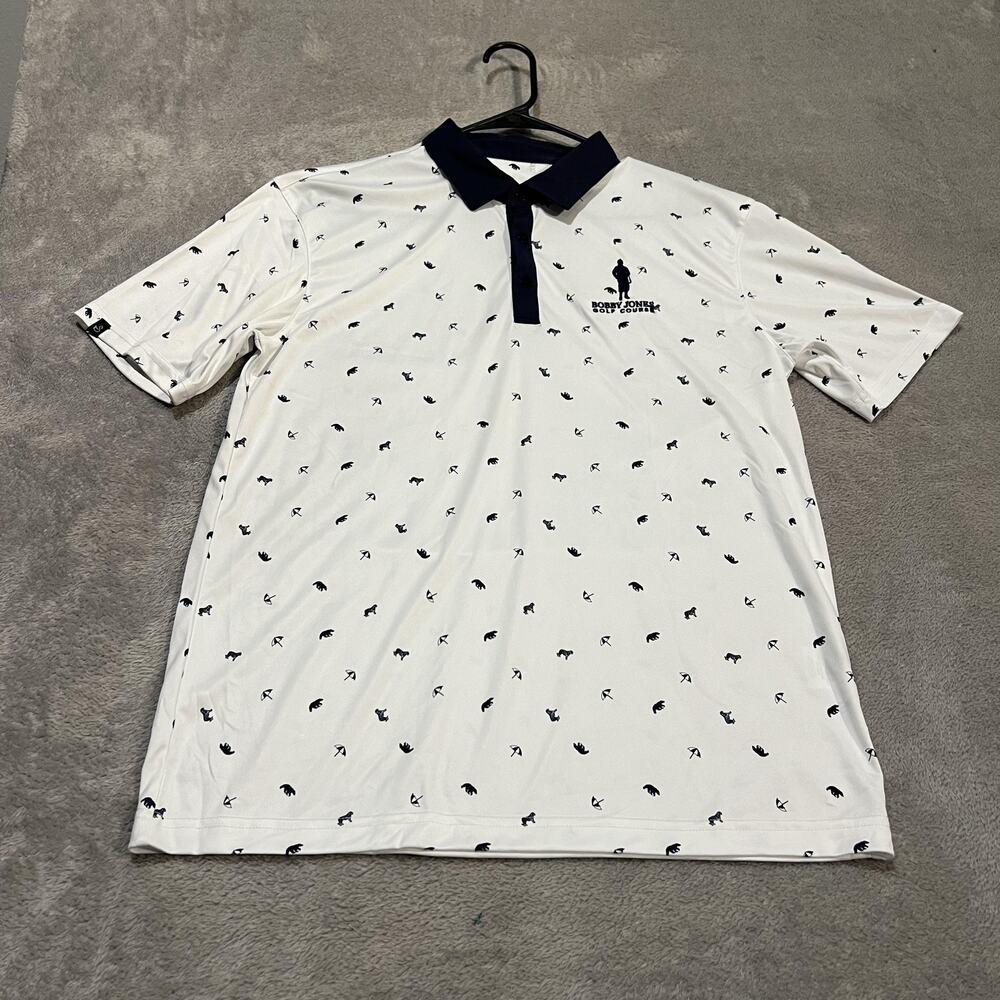 Swannies Polo Shirt Mens Medium White Navy Bobby Jones Golf Course Allover Print